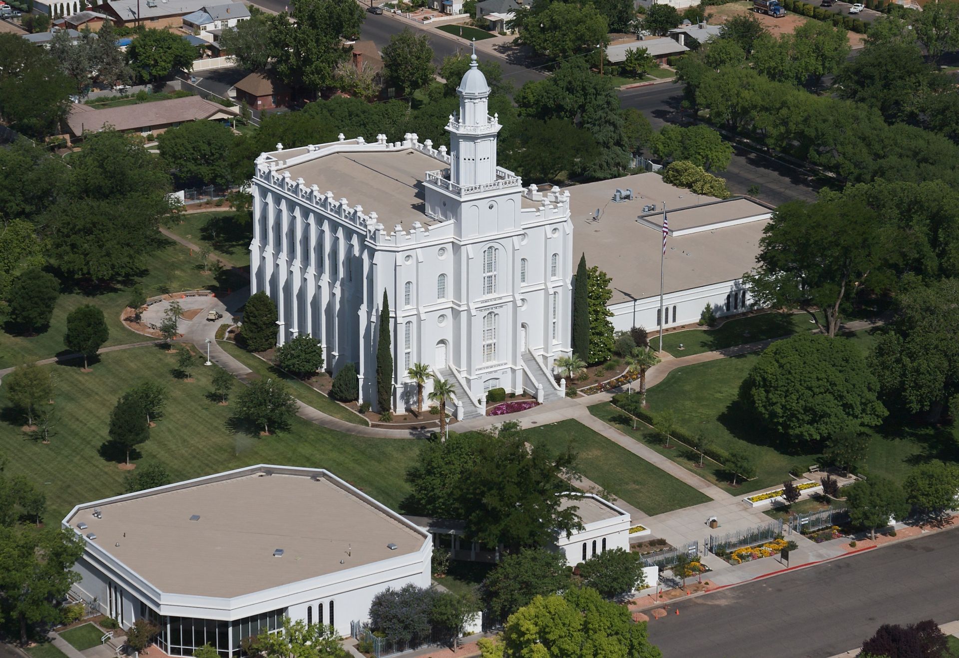 The entire St. George Utah Temple, including the entrance and scenery.