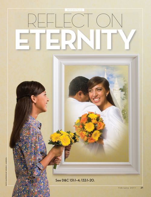 A conceptual photograph of a young woman looking in a mirror at a reflection of her wedding day, paired with the words “Reflect on Eternity.”