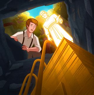 Joseph Smith discovers the gold plates beneath a rock. Moroni tells Joseph that he isn't ready to take the plates.