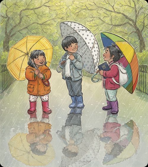 There children standing in the rain with umbrellas