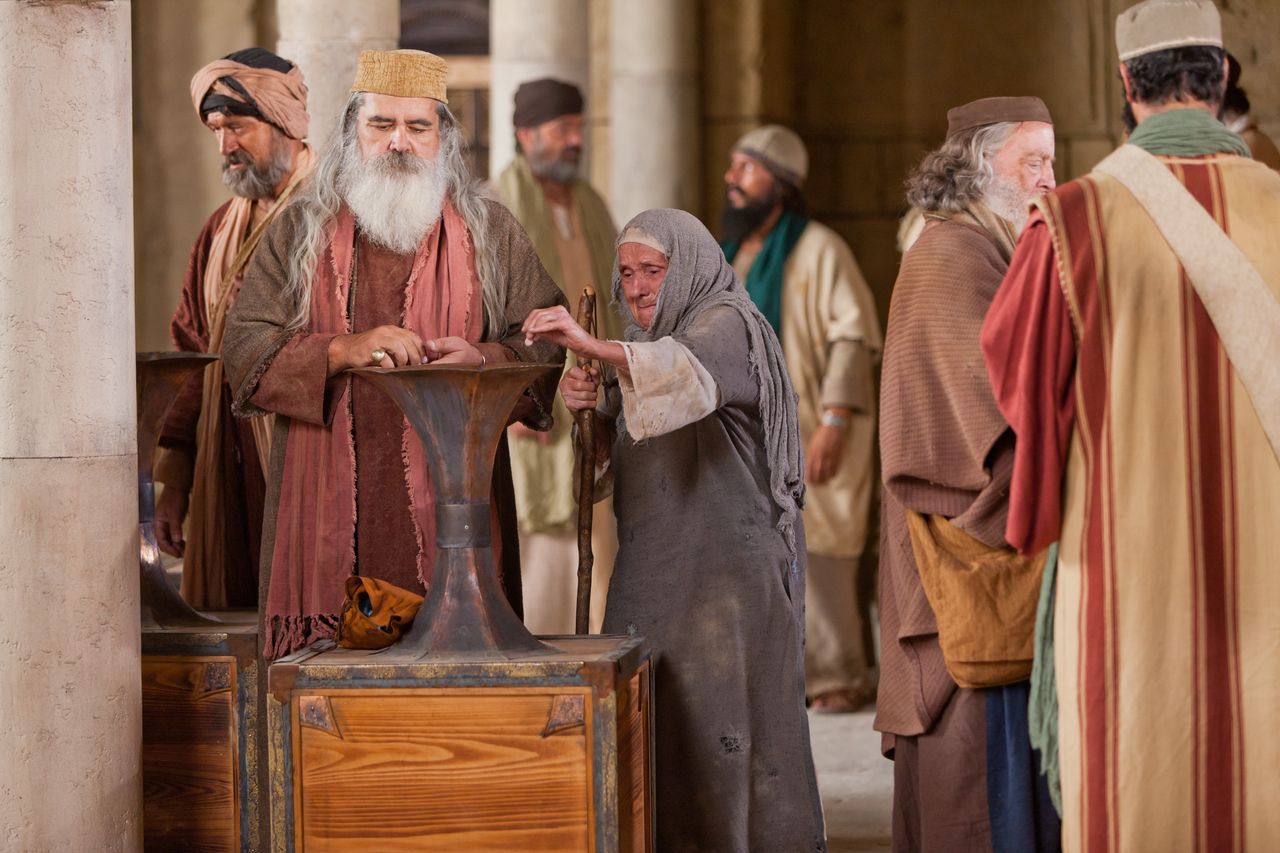 A poor widow contributes her all into the temple treasury