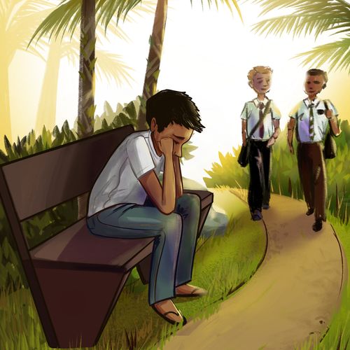 en ung mann som sitter på en benk idet misjonærer nærmer seg