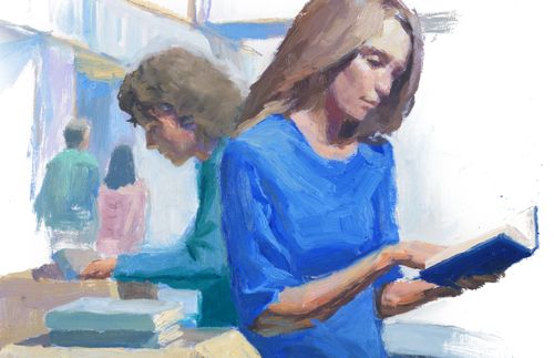 illustration of 2 women at a counter, and one is reading a book