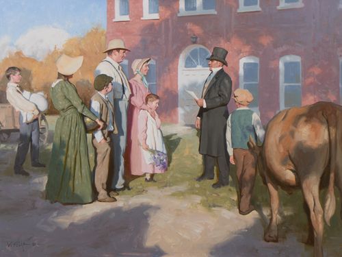 Painting depicts Bishop Partridge standing in the street near a building where people are gathering to donate their goods.