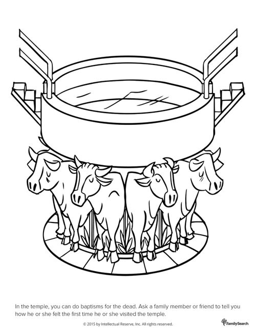 A black-and-white drawing of a baptismal font on the backs of oxen inside a temple, with stairs on either side.