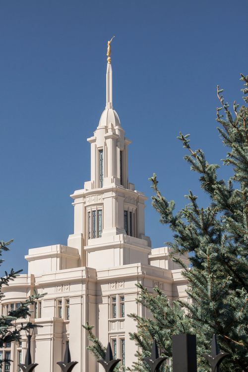 The Payson Utah Temple spire from the south side, including trees.