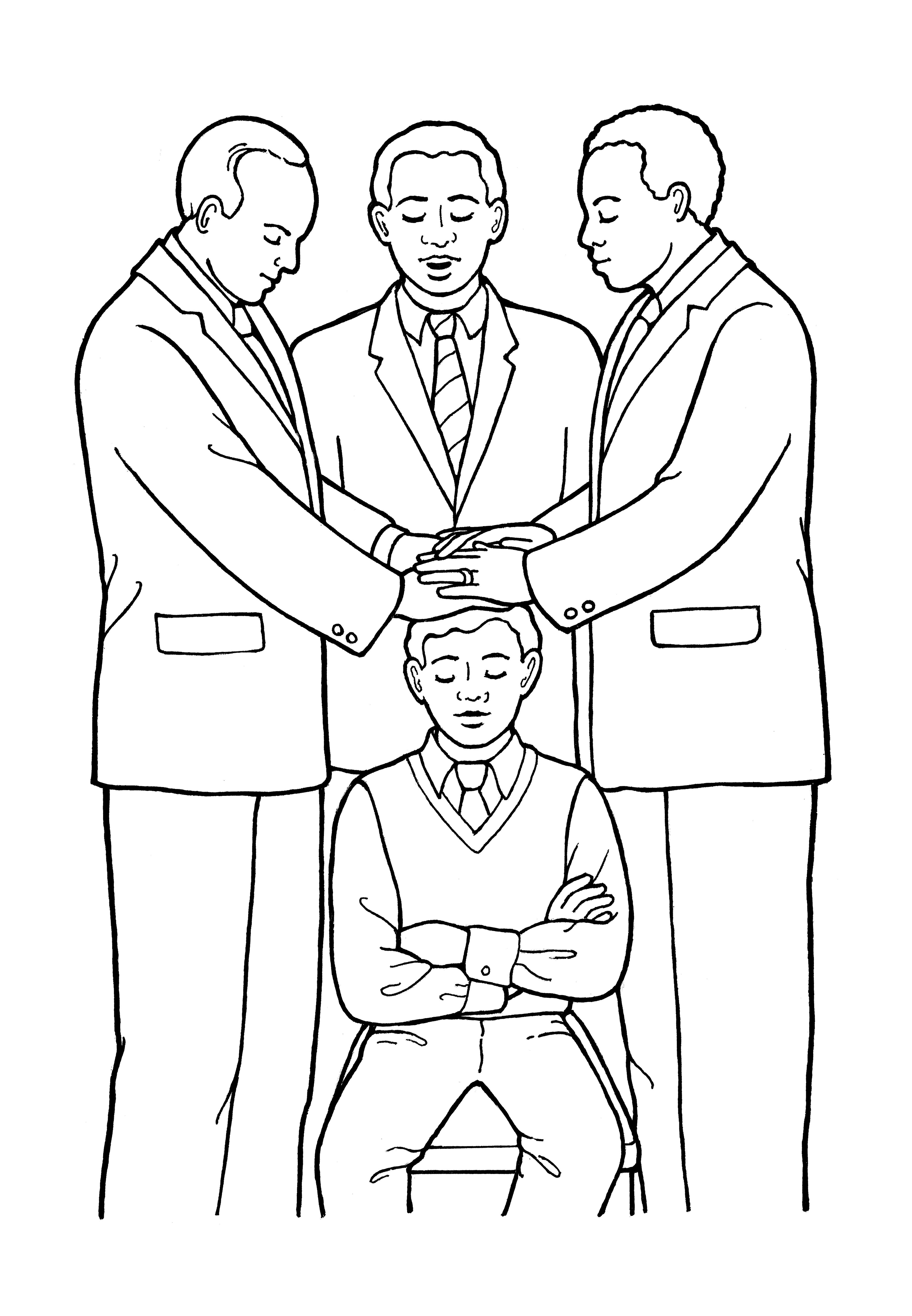 An illustration of the fifth article of faith—“Hands” (a young man being ordained to the priesthood).