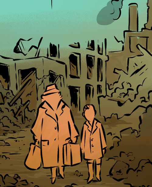 a family leaving a bombed city