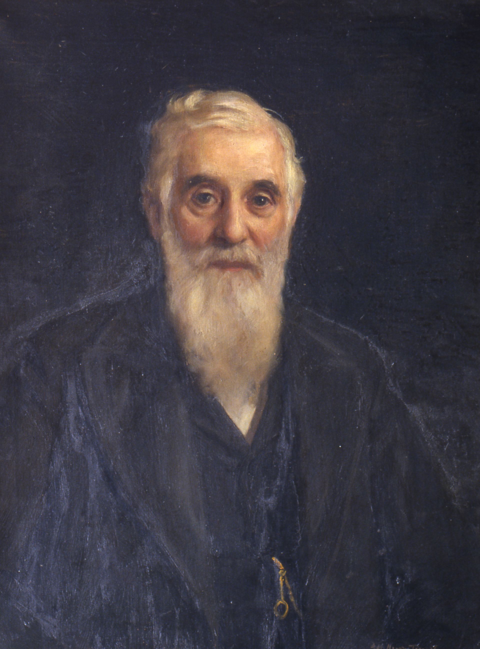 A painting of the prophet Lorenzo Snow with a beard, wearing a black suit and a watch chain.