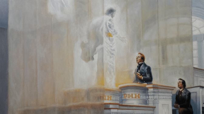 Image of Moses Elias and Elijah descending into the Kirtland Temple and appearing to Joseph Smith.