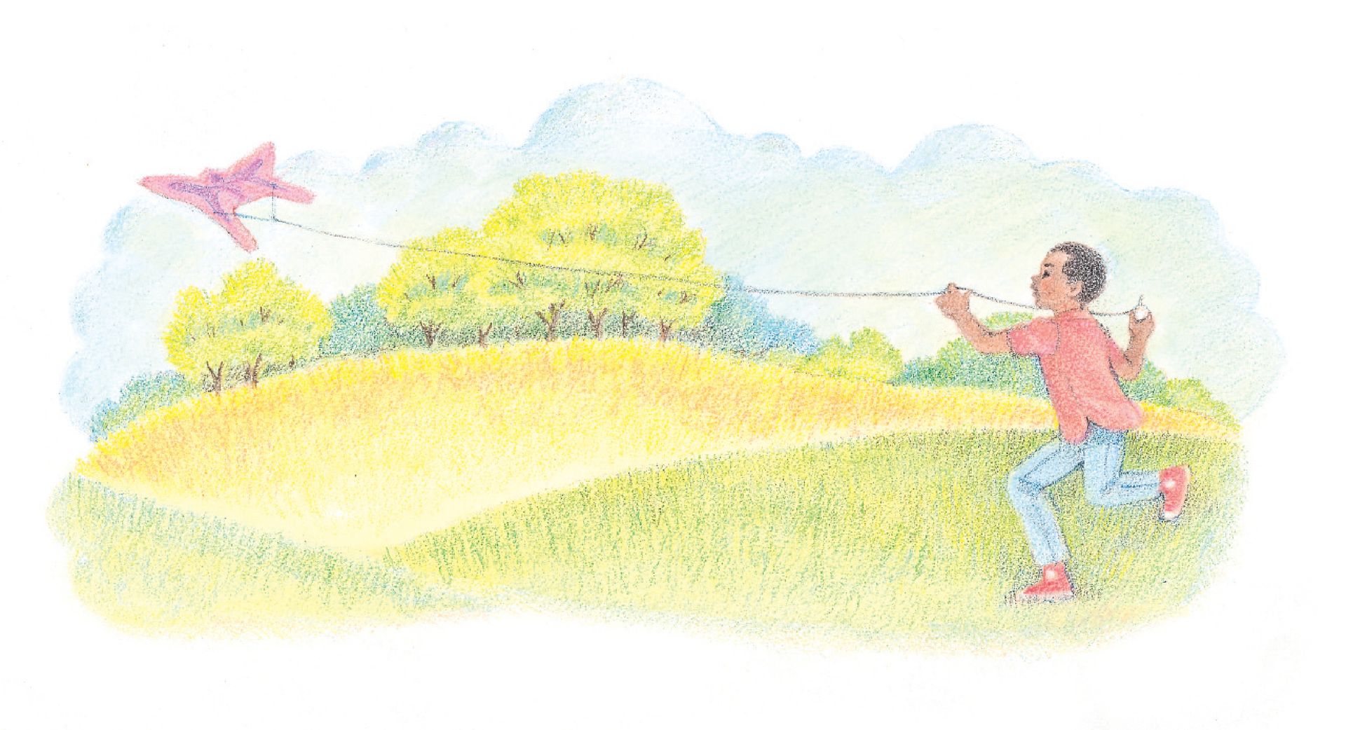 A boy running through a field and flying a kite. From the Children’s Songbook, page 230, “I Think the World Is Glorious”; watercolor illustration by Virginia Sargent.
