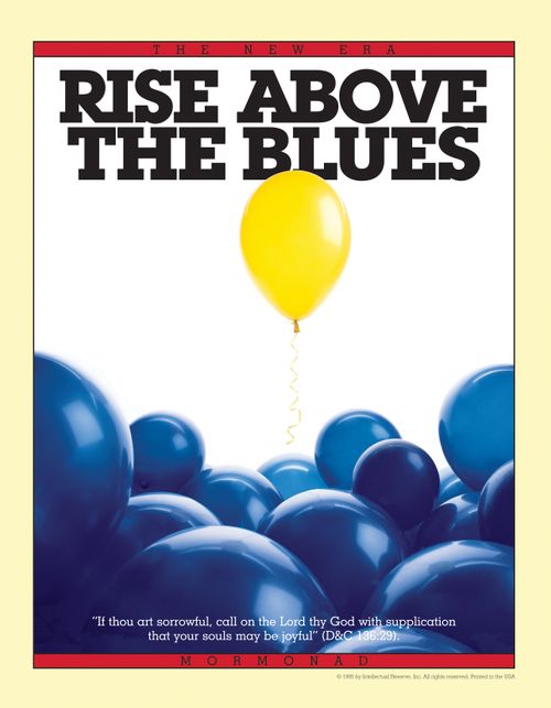 A conceptual photograph of a yellow helium balloon rising above blue balloons, paired with the words “Rise above the Blues.”