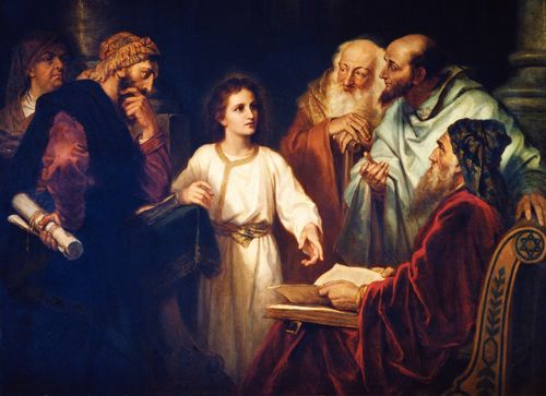 Jesus Christ at age twelve in the temple at Jerusalem during the Feast of the Passover. A group of learned Jewish doctors are gathered around Christ. The doctors are expressing astonishment at the wisdom and understanding of the young Christ. (Luke 2:41-50)