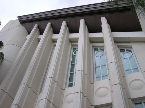 A detailed view of a few windows on the Las Vegas Nevada Temple in the daytime.