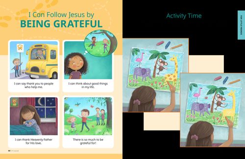 Story PDF with images of children being kind and praying, with a find-the-difference activity