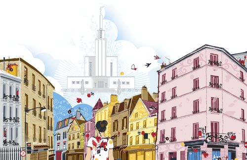 Illustrated scene of city in France