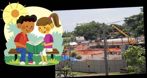 Photo of temple construction site and illustration of children reading together