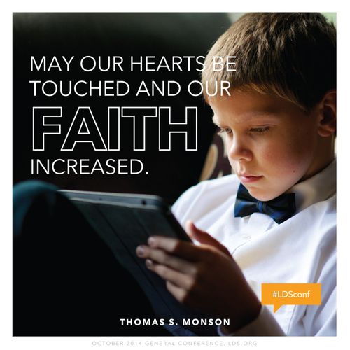 An image of a young boy using an iPad, paired with a quote by President Thomas S. Monson: “May our hearts be touched.”