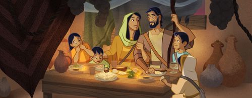 Gravura de família jantando. 
Êxodo 12:8–11