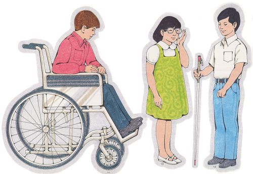 Primary cutouts of a boy with a pink shirt sitting in a wheelchair, a blind boy holding a cane, and a girl in a green dress touching her glasses.