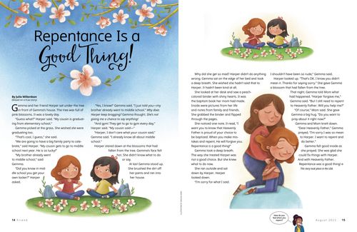 Story PDF with images of a girl with her friend and praying with her mother