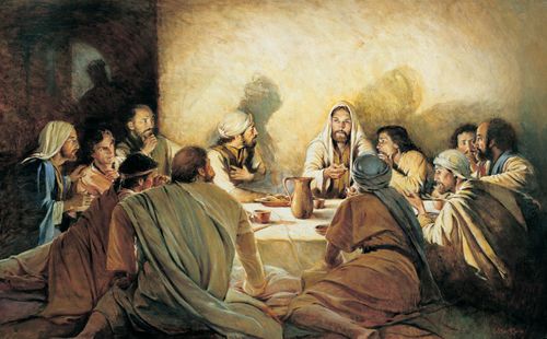 A painting by Walter Rane showing Christ and His Apostles sitting around a table, partaking of the Last Supper by candlelight.