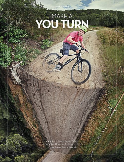 An image of a young man on a bicycle at the edge of a cliff, combined with the words “Make a You Turn.”