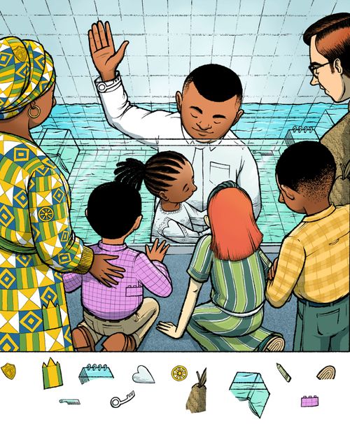 activitate cu lucruri ascunse într-o ilustrație cu un copil care este botezat