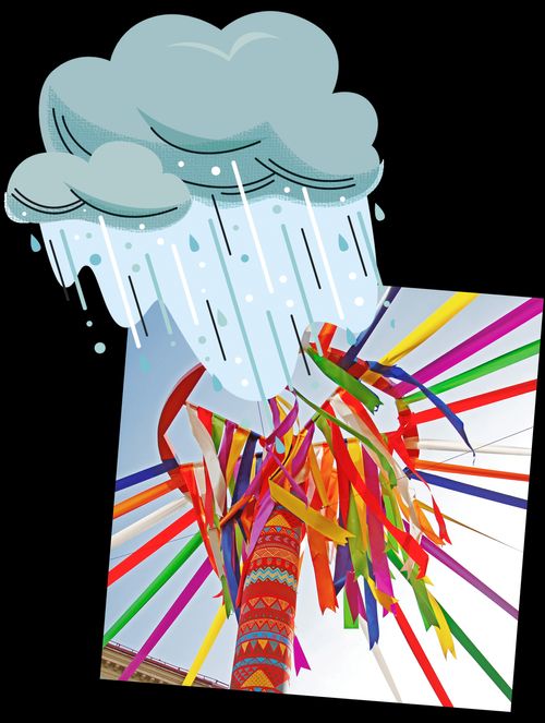 Photo of pole decorated with colorful ribbons and illustration of rain cloud