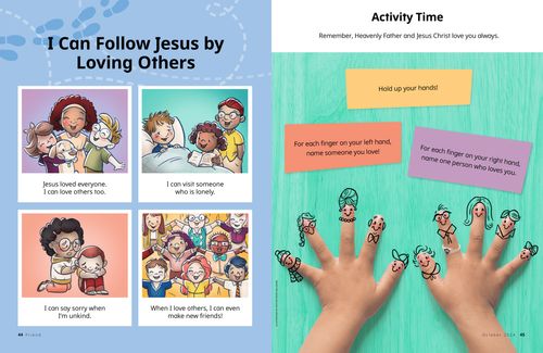 Panel story for young children with images of children showing love to others, plus an activity