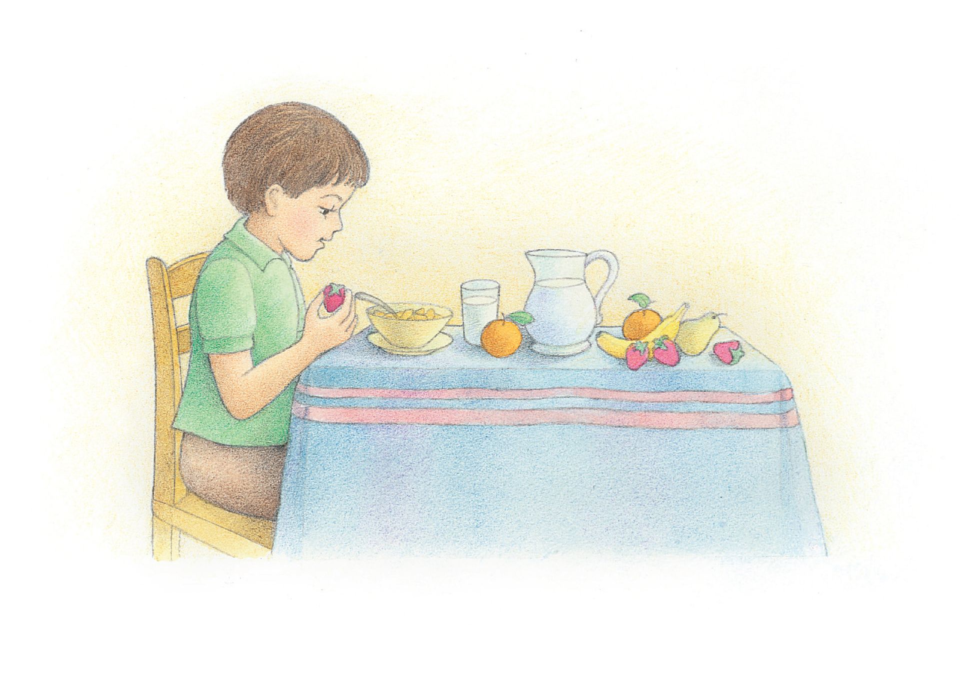 A boy sitting at a table set for breakfast. From the Children’s Songbook, page 154, “The Word of Wisdom”; watercolor illustration by Beth Whittaker.