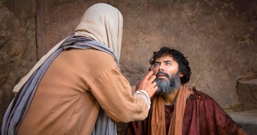 Depiction of Jesus healing a blind man. For Mormon Channel use.