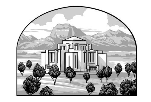 Cardston Temple with Rocky Mountains in distance