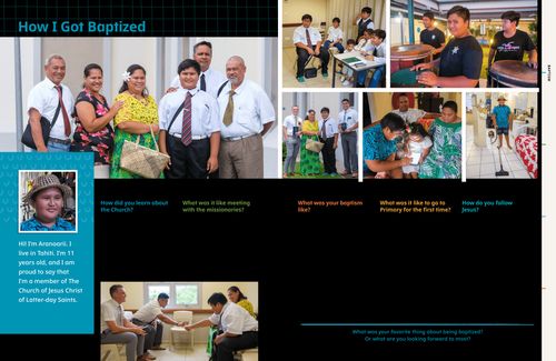 Article PDF with images of a boy and his family with missionaries and at church