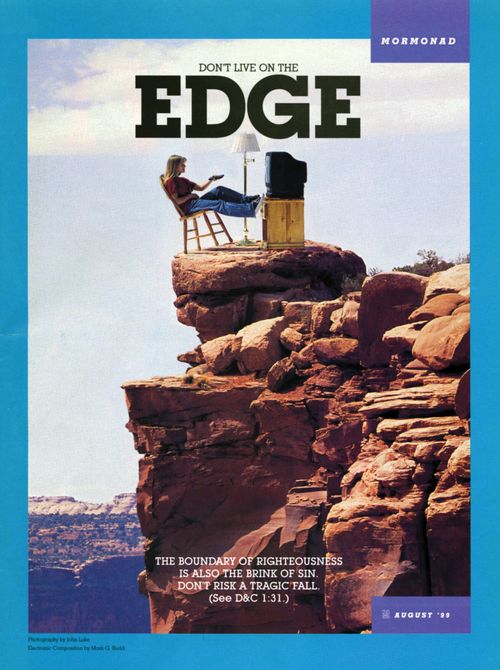 A photograph of a young woman sitting in a chair watching television on the edge of a cliff, paired with the words “Don't Live on the Edge.”