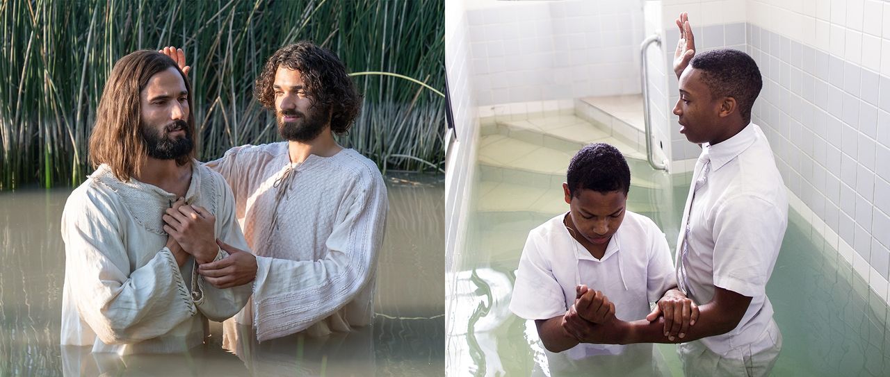 Une comparaison juxtaposée de Jésus se faisant baptiser et de quelqu’un se faisant baptiser en tant que membre de l’Église de Jésus-Christ des Saints des Derniers Jours