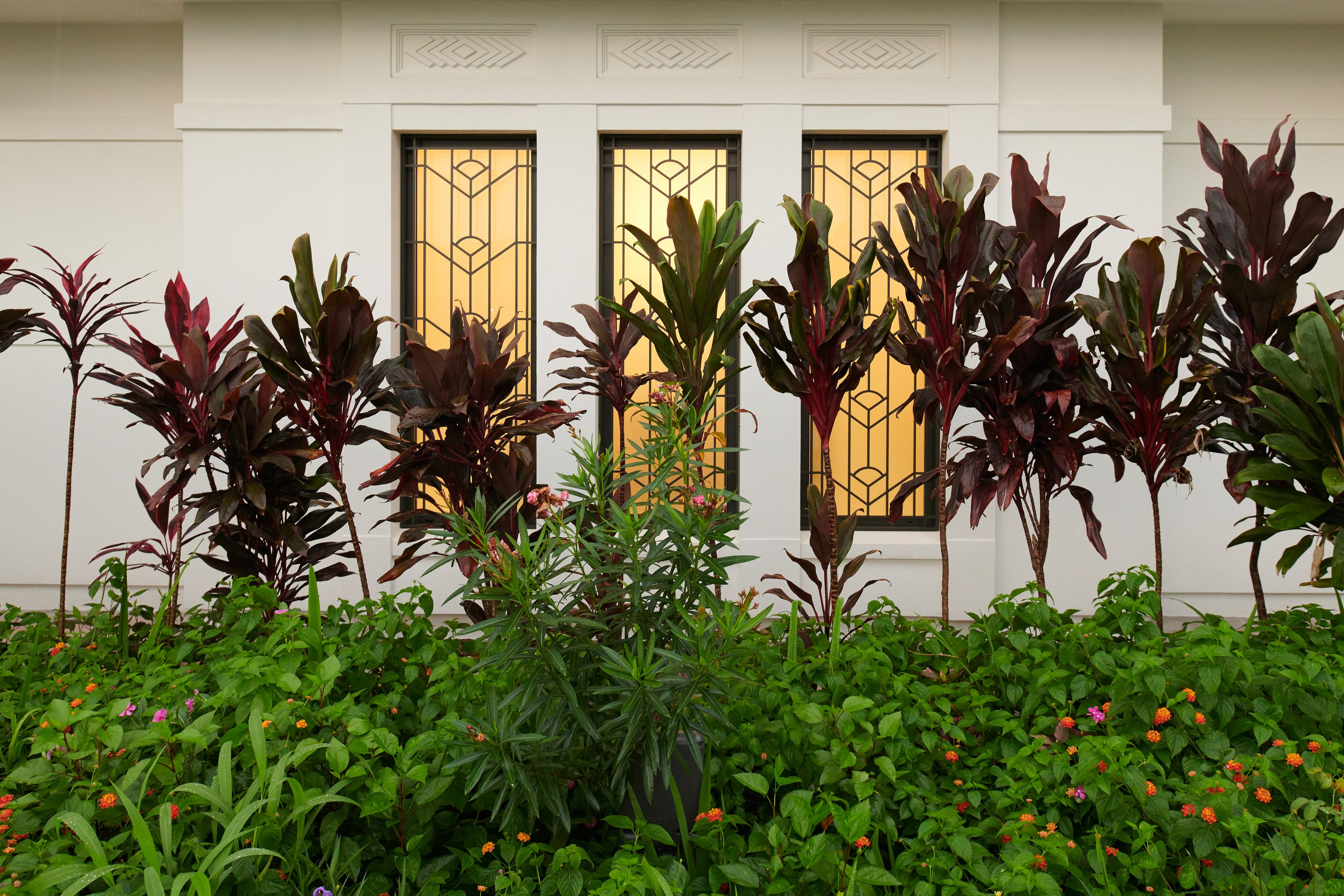 A detail shot of three windows of the Kinshasa Democratic Republic of the Congo Temple, with shrubs and trees around them.