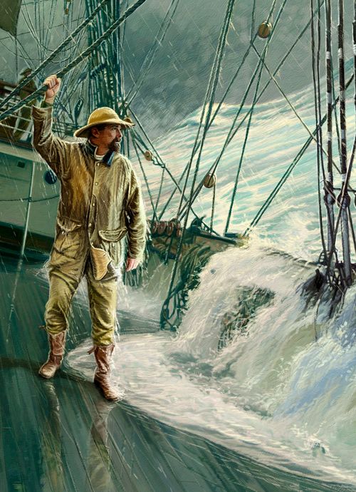 Illustration of a man on a ship during a storm.