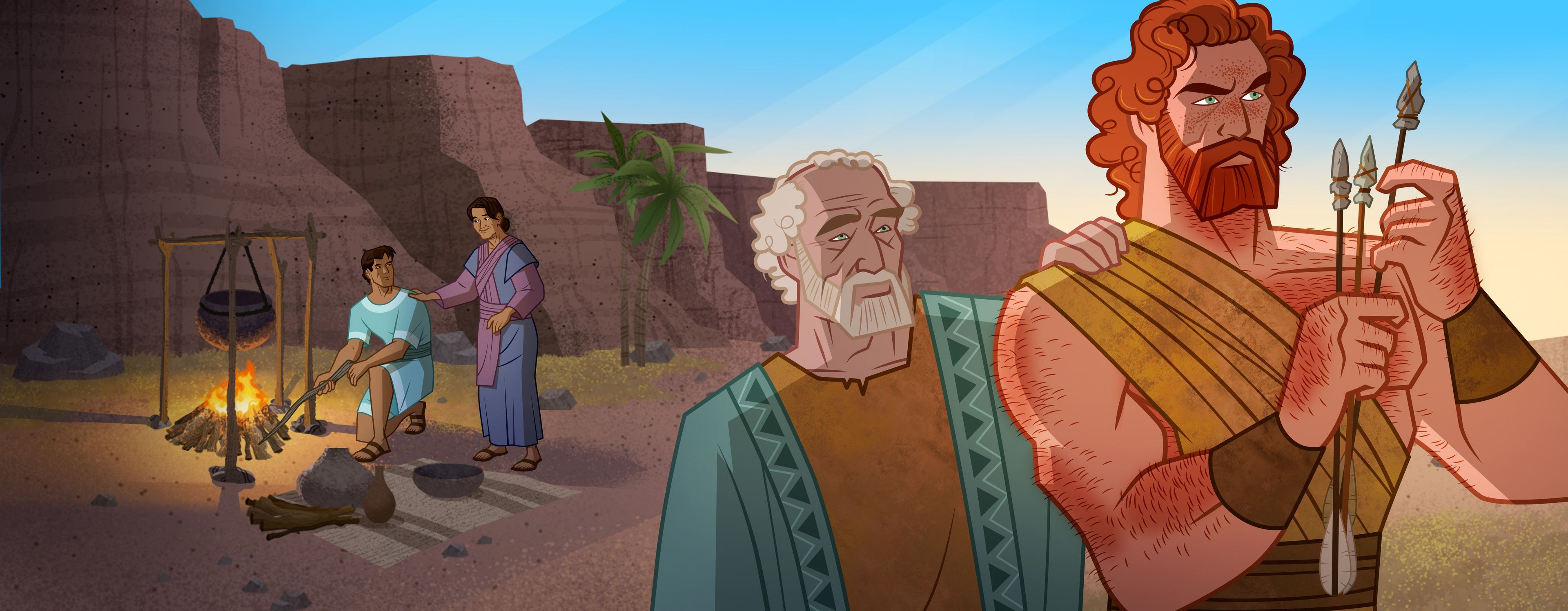 Illustration of Esau and Isaac. Genesis 25:25, 32; 26:34–35