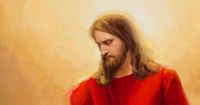 "He Comes Again to Rule and Reign" by Mary R. Sauer. Jesus Christ is descending to Earth at his Second Coming. There are men, women, and children surrounding him. He is wearing a red robe and is looking down at those who are gathering.