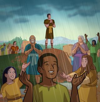 Nephi prays, it is raining, and the Nephites smile and thank God