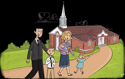 family walking to church building together