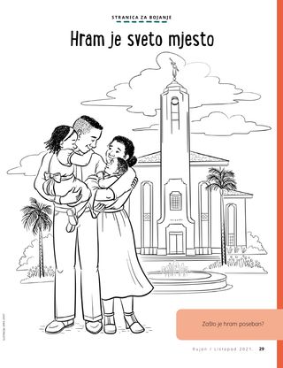 coloring page of family standing outside temple