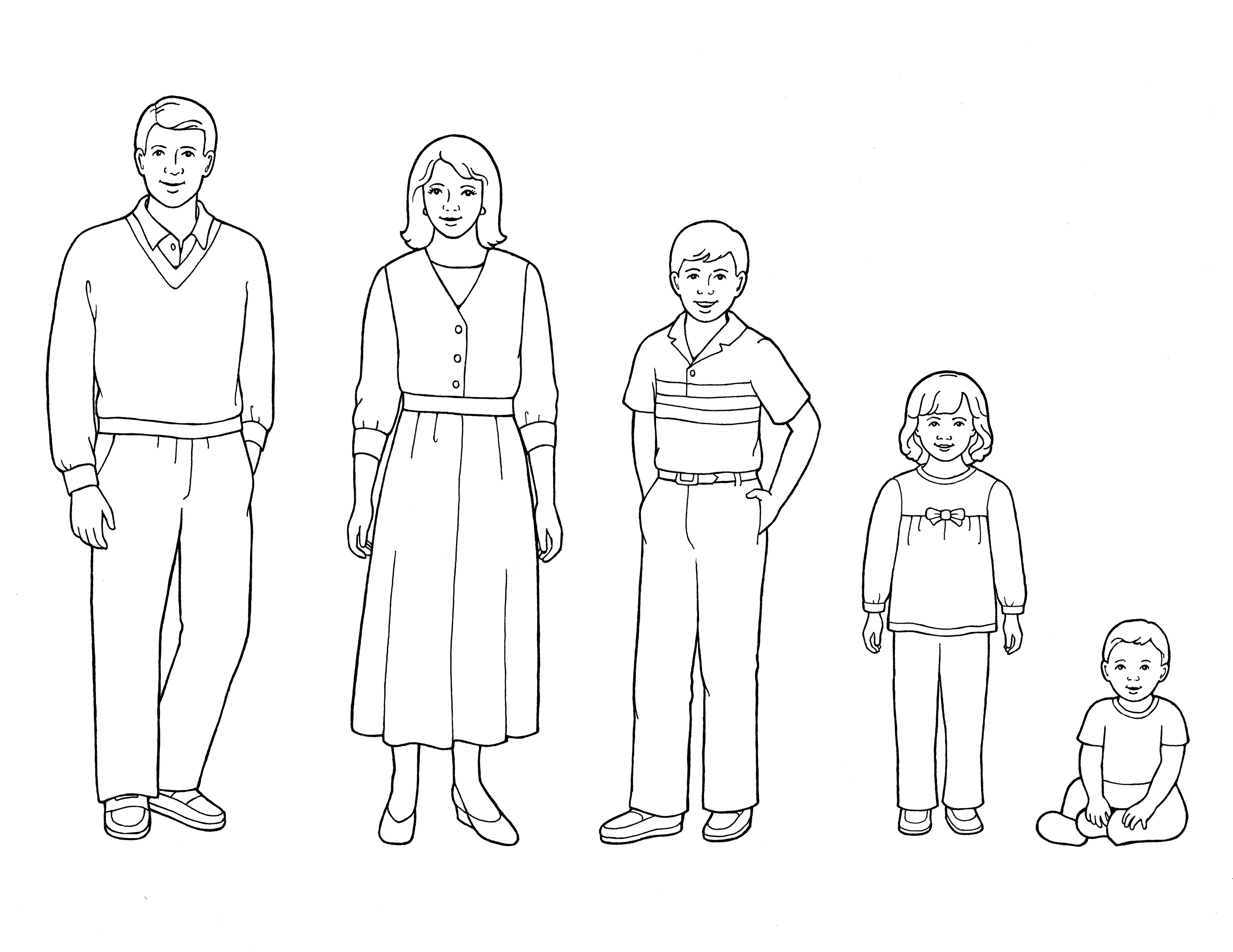 An illustration of a family of five standing with a baby boy sitting.