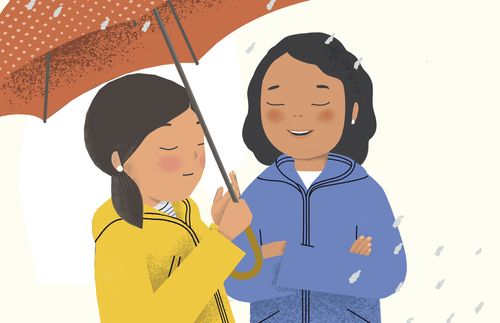 two sisters holding umbrella
