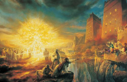 A painting depicting Lehi’s vision, with the tree of life on the left and the great and spacious building on the right.