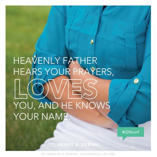 An image of a young woman’s arms folded to pray, combined with a quote by President Henry B. Eyring: “Heavenly Father hears your prayers.”
