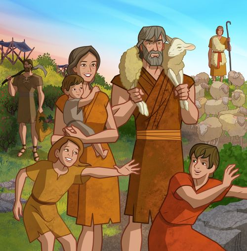 アダムとエバと家族の絵。 
モーセ5：1-12；6：15