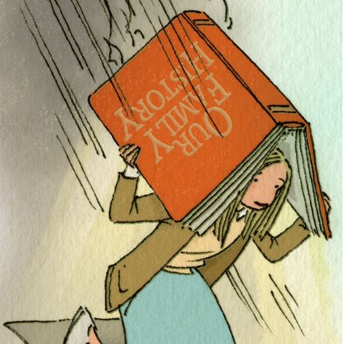 woman using a family history book as an umbrella