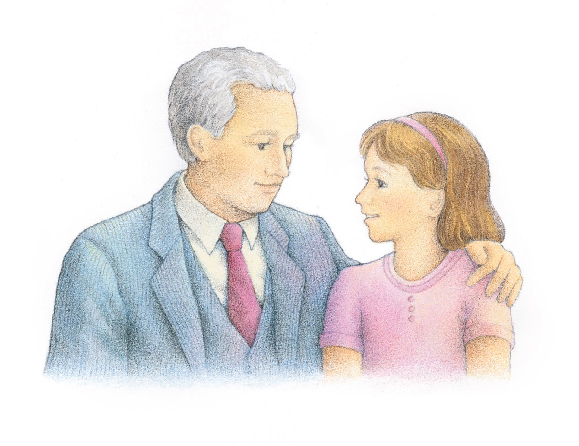 A bishop putting his arm around the shoulders of a girl in his ward. From the Children’s Songbook, page 135, “Our Bishop”; watercolor illustration by Beth Whittaker.